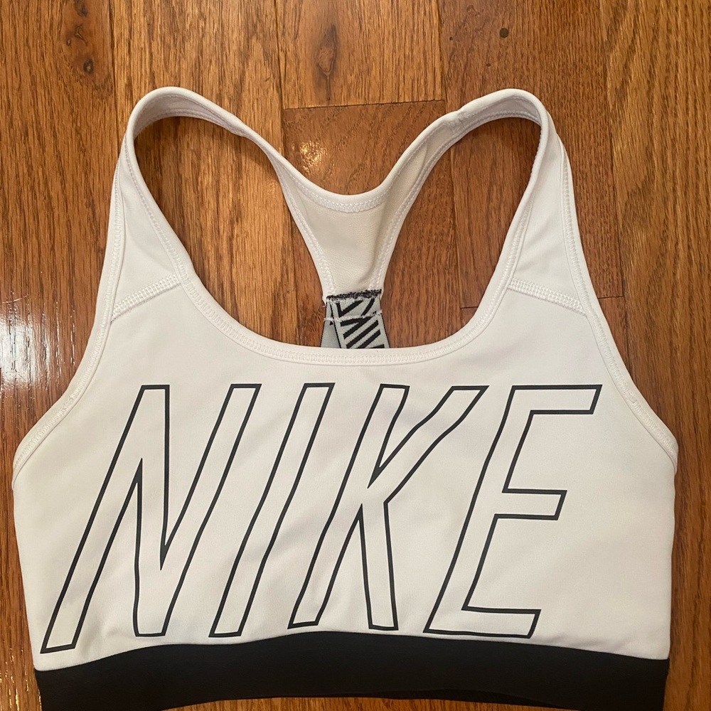 white and black dri-fit nike racer back sports bra